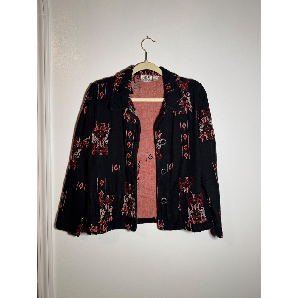 Chicos Design Black Red Ikat Embroidered Button Front Jacket Cotton Blend Size 1